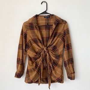 HERS & MINE TIE FRONT RUCHED PLAID FLANNEL